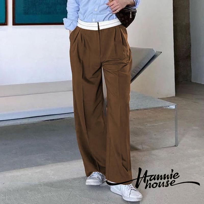 Hannie-quần Dài Dáng Rộng Eo Thấp Ghép Nối Khóa Kéo Giản Dị Đường Phố Cổ