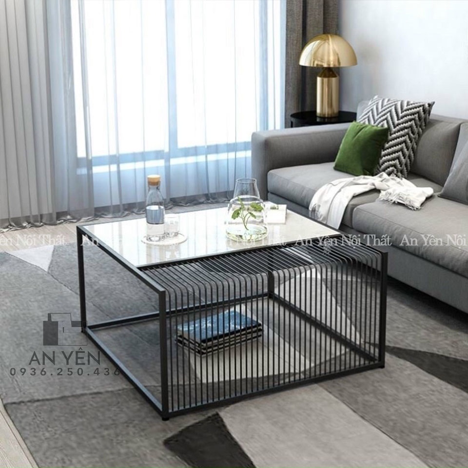 Bàn Trà Sofa Đôi Vuông Mặt Đá Kính Chân Sắt Đen An Yên AYB01