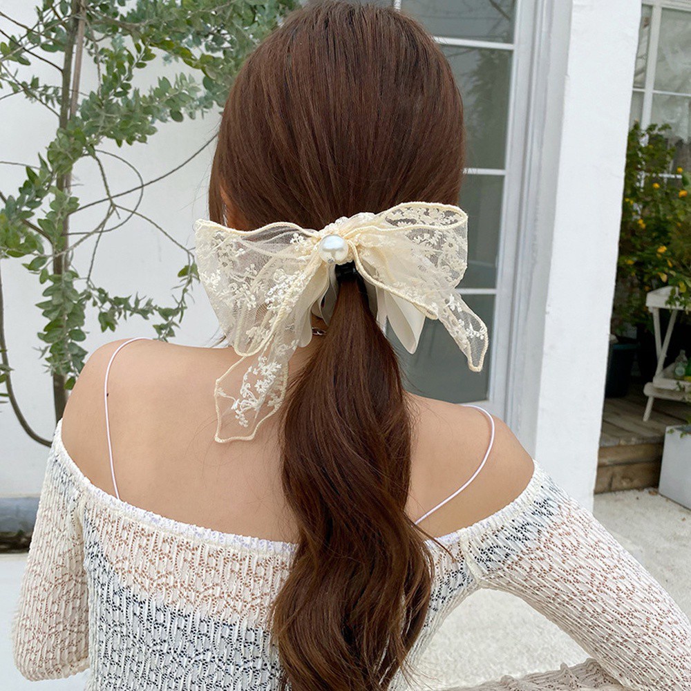 Kẹp Tóc Hình Nơ Phối Ren Đính Ngọc Trai Phong Cách Hàn Quốc