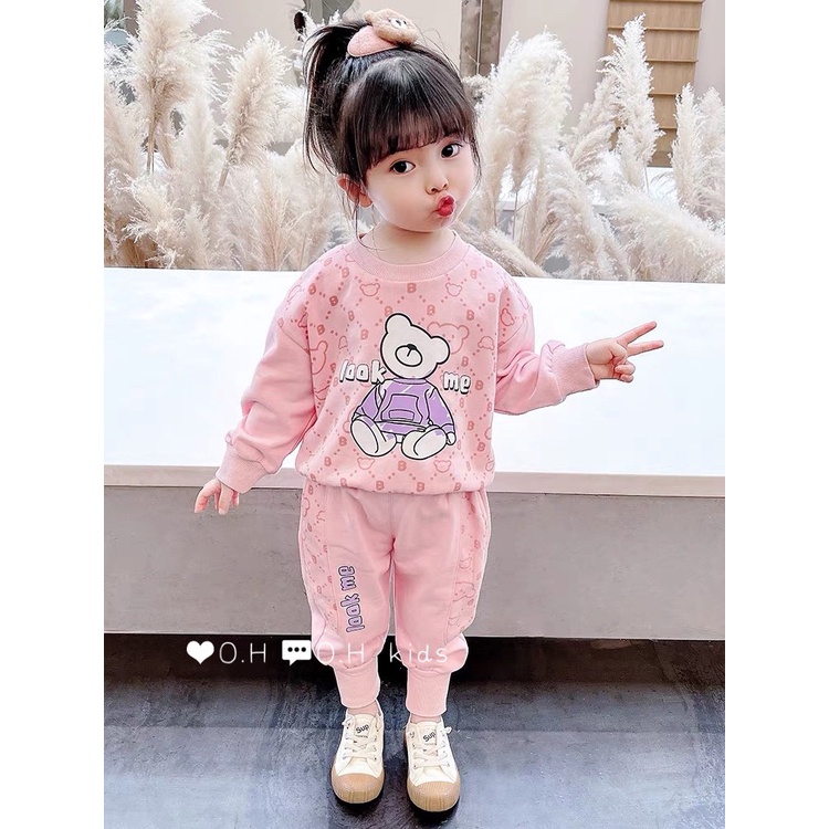 Bộ dài tay cho bé cotton thu đông, co dãn 4 chiều cho bé gái hình Gấu K034
