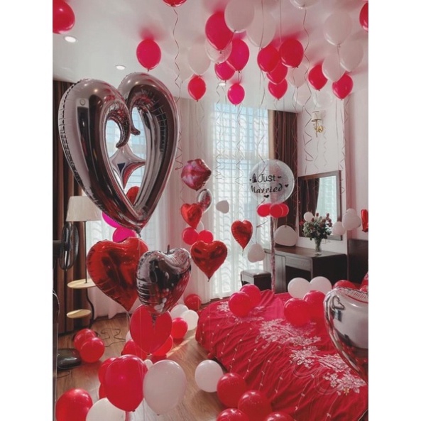 (freeship) [Tặng 100 Cánh Hoa Hồng] Sét Bóng Happy Wedding Trang Trí Phòng Cưới Tông Đỏ Trắng [ KHUYẾN + MẠI]/ lì xì tra
