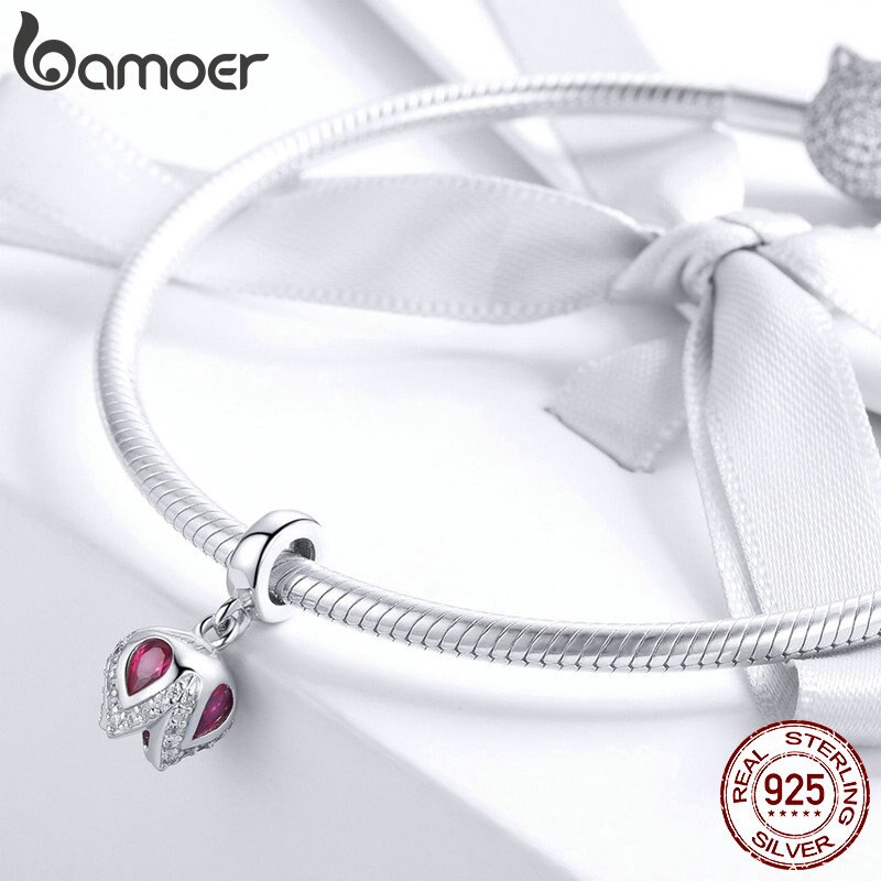 Hạt Charm Bamoer SCC1027 Bằng Bạc Đính Đá Pha Lê Hình Dạng Hoa Tulip Gắn Vòng Đeo Tay