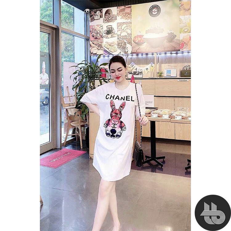 Váy Suông Đầm Suông Dáng Dài Form Rộng Chất Cotton Họa Tiết Hình Thỏ 4D Chữ Chà Neo | BigBuy360 - bigbuy360.vn