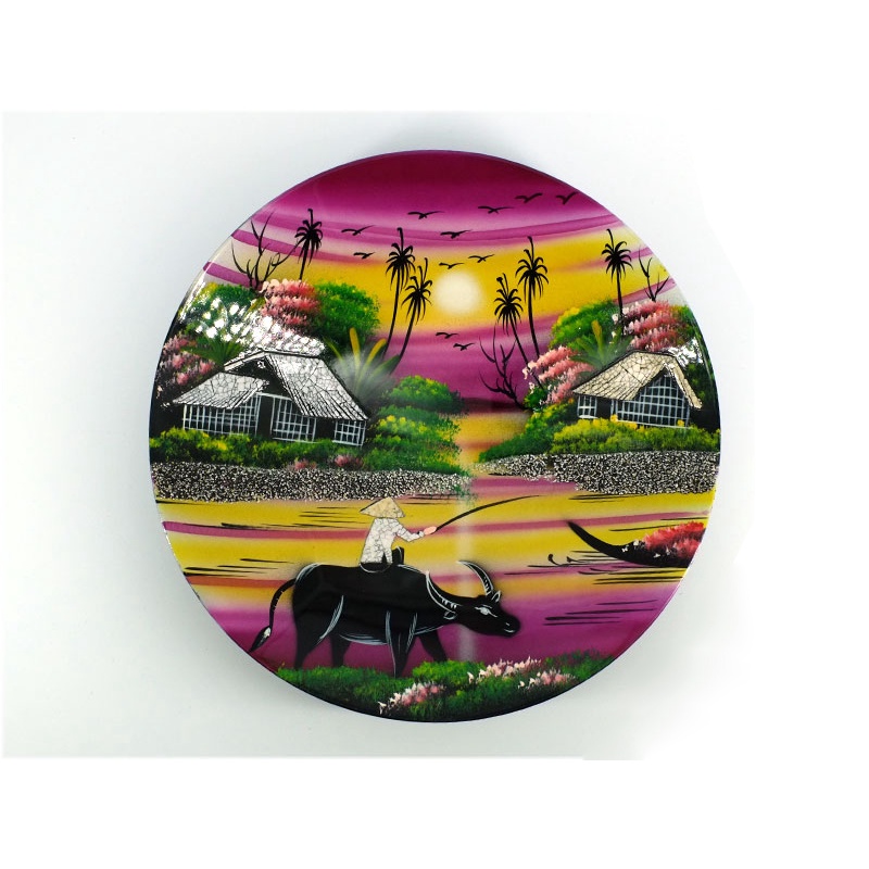 Tranh dĩa sơn mài 20cm cảnh quê hương VN  - Hàng thủ công mỹ nghệ Việt Nam