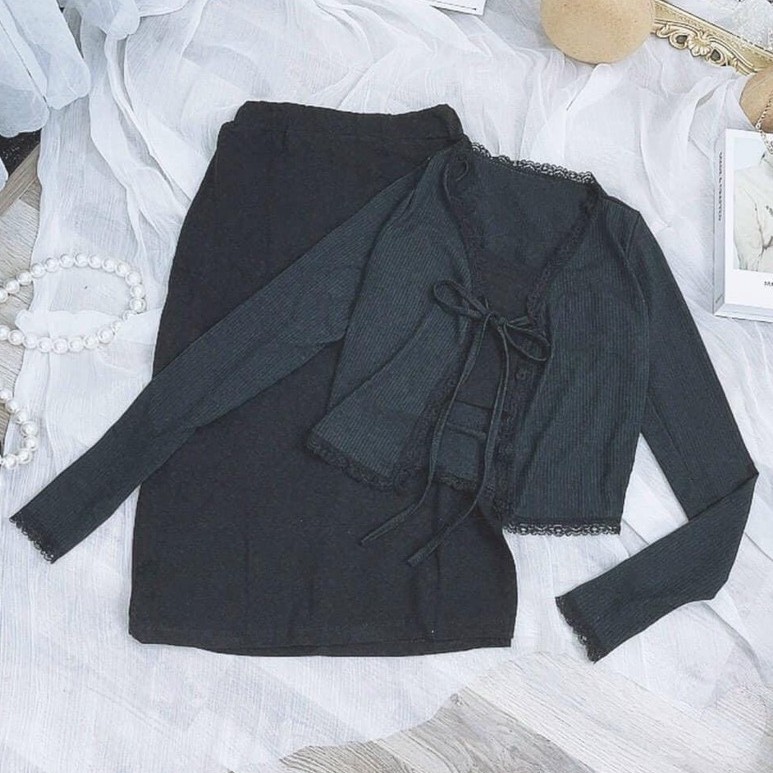 Set 3 món áo 2 dây chân váy dáng dài , Áo cardigan phối ren mix chân váy AD134 | BigBuy360 - bigbuy360.vn