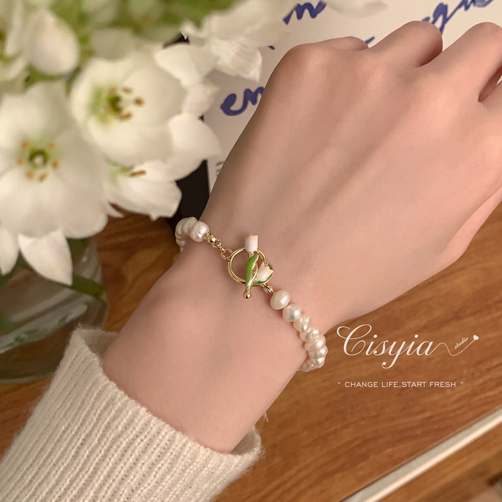 Vòng Tay Chuỗi Hạt Ngọc Trai Đính Hoa Tulip Màu Hồng Ngọt Ngào Thanh Lịch Cho Nữ