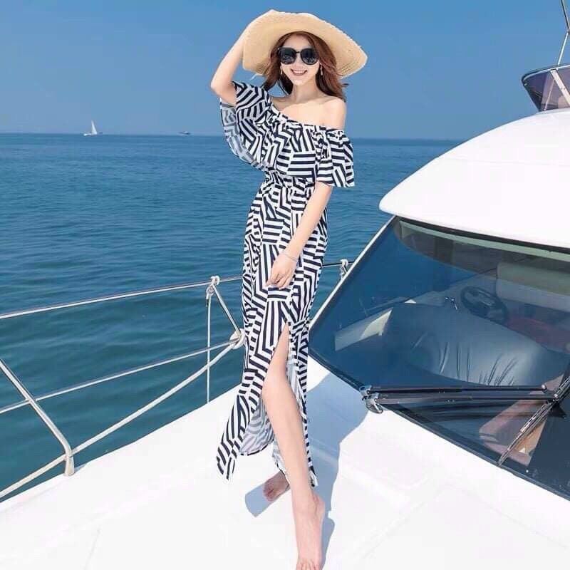 Đầm trễ vai phối bèo xẻ tà chất liệu lụa in 3D Rose Fashion