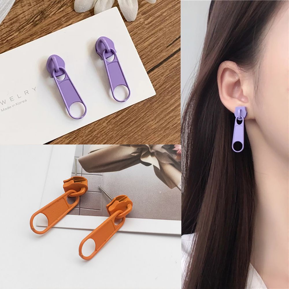 Khuyên tai SKJK bằng kim loại thiết kế khóa kéo dễ thương có nhiều màu phong cách Hàn Quốc