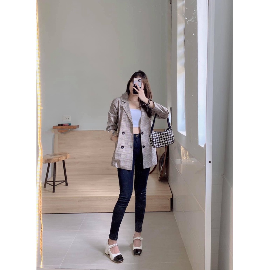 Áo Blazer nữ 2 lớp dài tay Hàn Quốc, Áo Vest dạ kẻ caro khoác ngoài đẹp | BigBuy360 - bigbuy360.vn