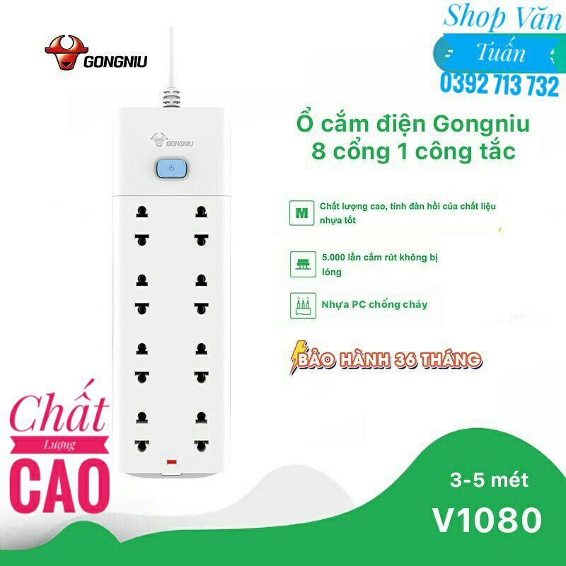 Ổ Cắm Điện Gongniu 8 Ổ Cắm 1 Công Tắc-2500W 10A (V1080)-Chính Hãng