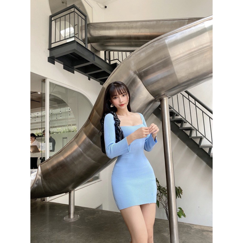 Đầm váy len ôm body cổ vuông tay dài dáng ngắn LADY STYLE & OUTFITS