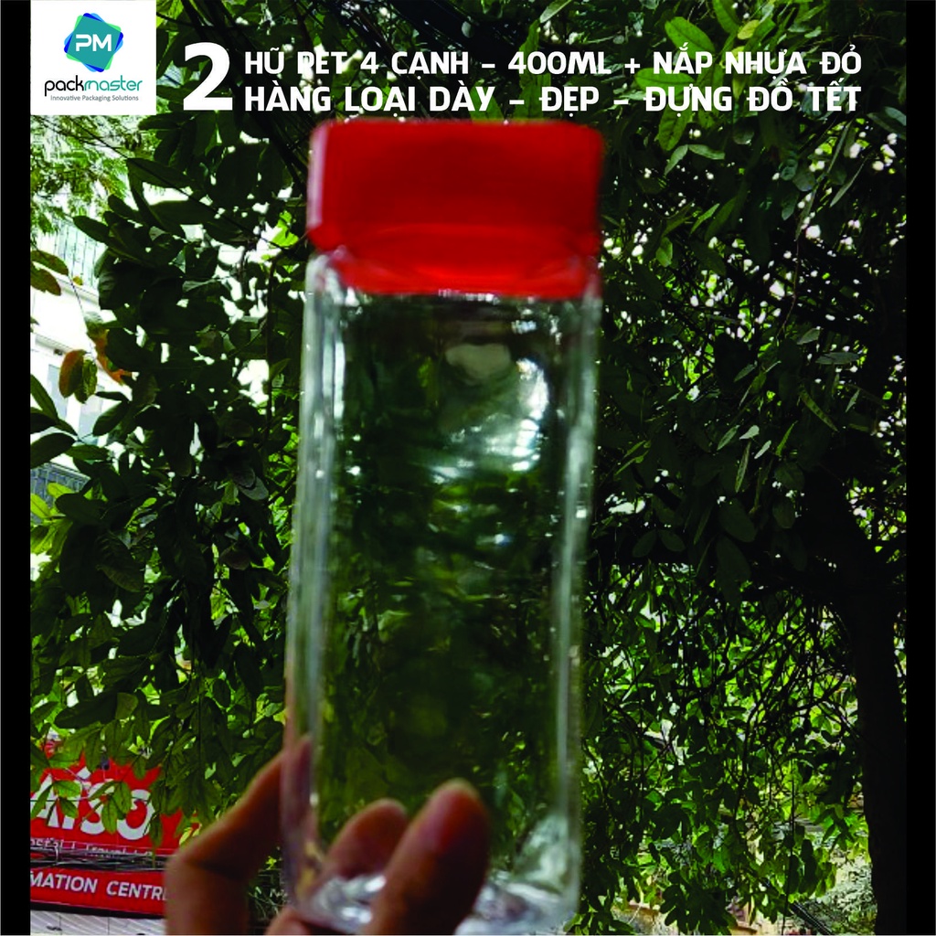 Combo 2 chiếc Hũ pet 4 cạnh 400ml + Nắp nhựa màu Đỏ/Trắng
