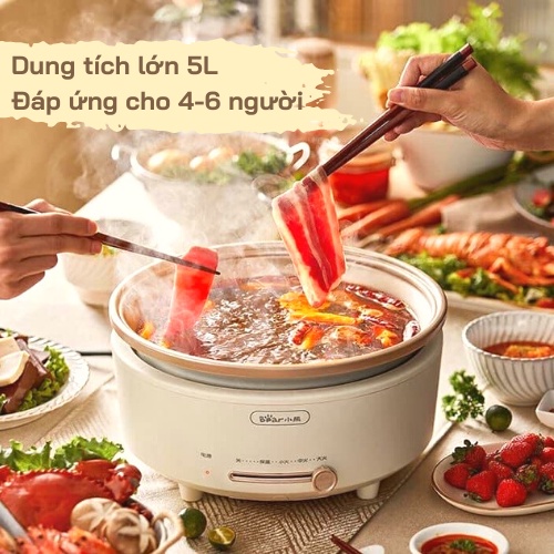 Nồi lẩu điện tròn đa năng dung tích 5L, nồi lẩu nướng, chiên, xào, nấu canh hình con gấu tiện lợi