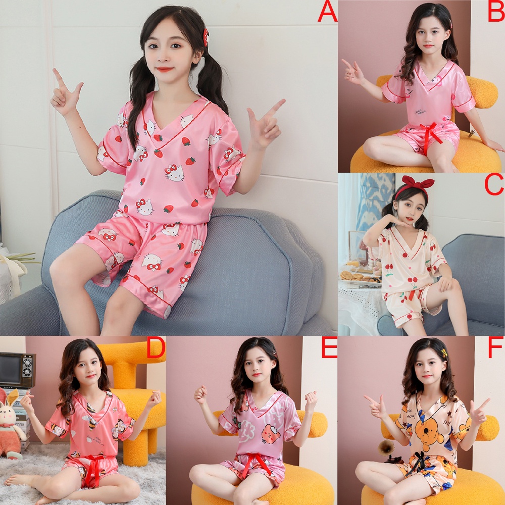 Bộ Đồ Ngủ Tay Ngắn Chất Lụa Thời Trang Xinh Xắn Cho Bé Gái
