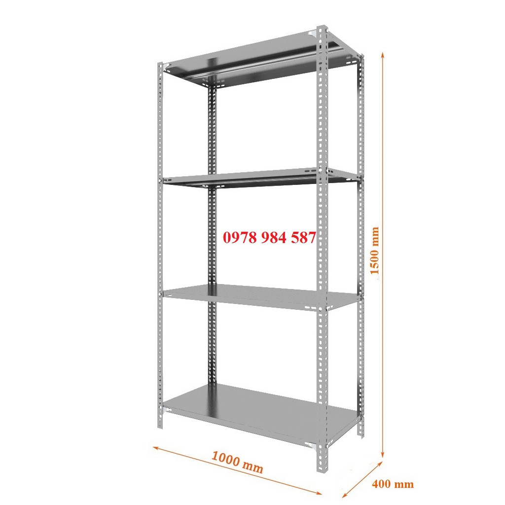 Bộ kệ sắt v lỗ đa năng . Kích thước : Dài 100cm, Rộng 40cm, Cao 150cm gồm 4 tầng, cột V3x5