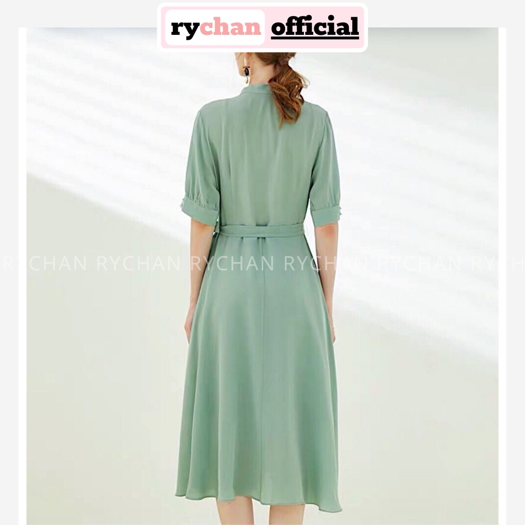 Đầm Xòe Midi Xanh Mint Nút Lệch Cổ Trụ Buộc Eo - DX518