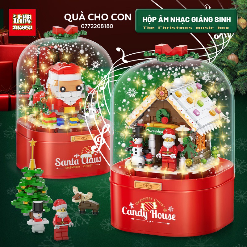 HỘP LEGO PHÁT NHẠC GIÁNG SINH CÓ TUYẾT RƠI MÔ HÌNH NGƯỜI TUYẾT, ÔNG GIÀ NOEL, NGÔI NHÀ BÁNH KẸO (Tặng kèm pin)