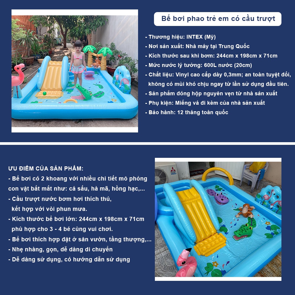 Bể bơi phao trẻ em có cầu trượt INTEX bơm hơi, có nhiều trò chơi thú vị cho bé - Bảo hành 12 tháng