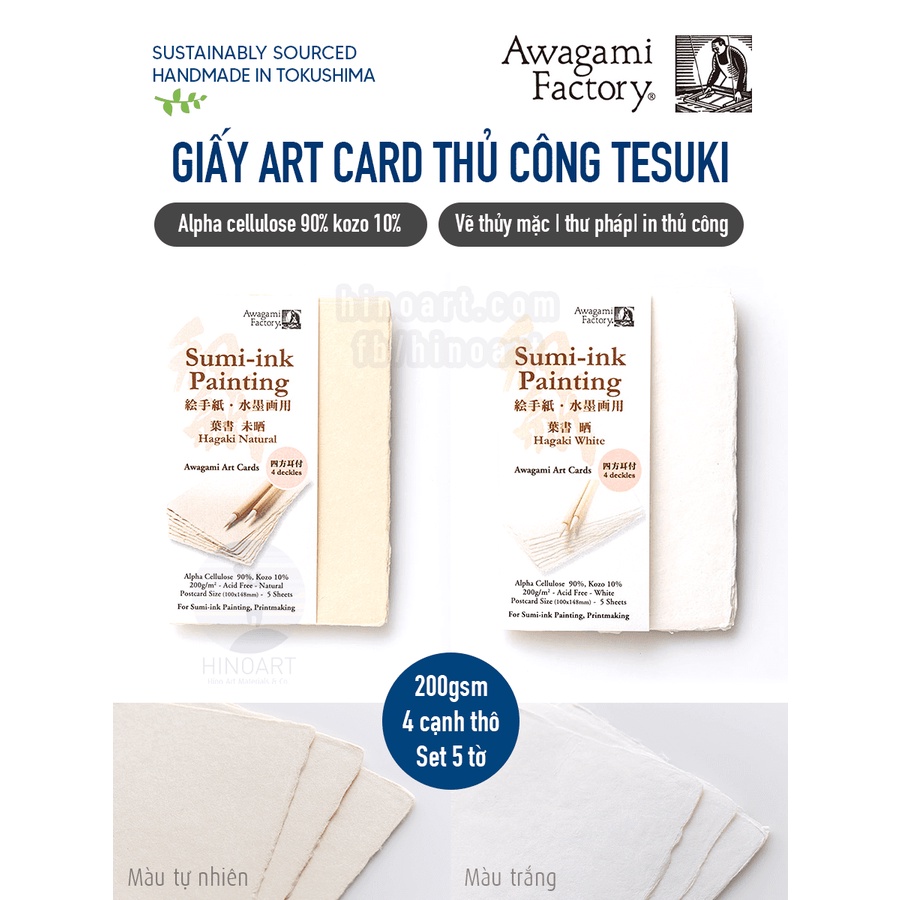 SET GIẤY WASHI THỦ CÔNG AWAGAMI TESUKI ART CARDS SUMI INK PAINTING - THICK (5 TỜ) 10X14.8 CM 4 CẠNH THÔ