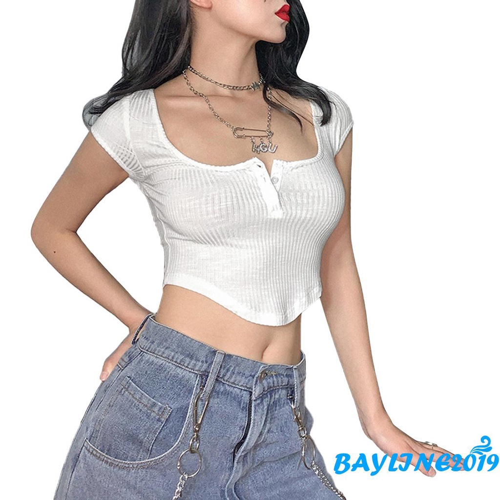 Áo thun croptop tay ngắn cổ vuông màu sắc thời trang quyến rũ cho nữ