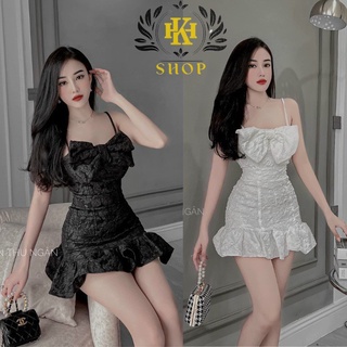 Đầm 2 dây dáng A nơ trước ngực tiểu thư chất gấm hoa nổi sang chảnh