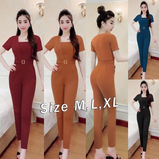 Jumpsuit nữ dài ống ôm tay ngắn dây kéo lưng kèm belt như hình J1128
