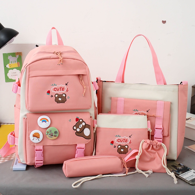 Set balo đi học nữ 4 món Gấu cute
