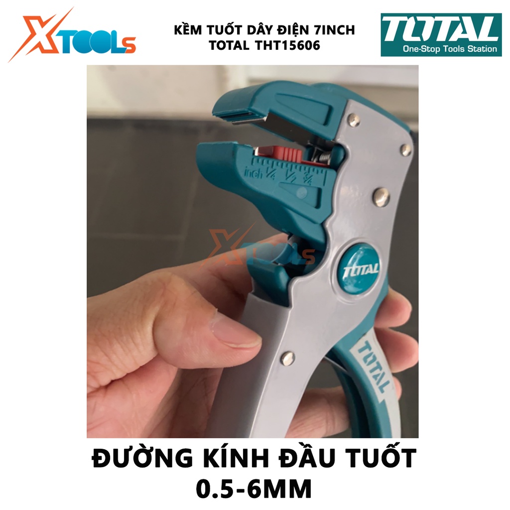 Kềm tuốt dây điện mỏ quạ TOTAL THT15606 Kìm tuốt dây Đường kính đầu tuốt 0.5mm~6mm Chất liệu 65Mn Kích thước 175*85mm bó