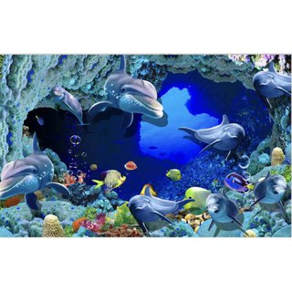 Tranh dán tường 3d hiện đại cá heo dưới đại dương xanh, kích thước lớn cao 2.9m x ngang 2.5m(tích hợp sẵn keo)