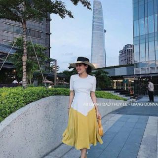 Đầm xòe form dài phối màu nhúng eo