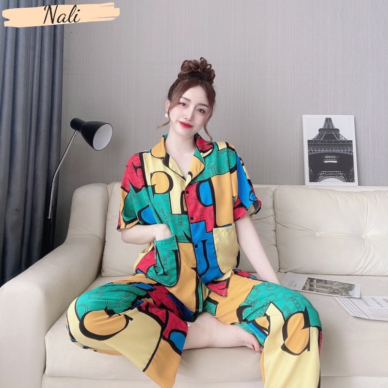 Bộ pijama nữ cộc tay quần dài chất liệu lụa 100D xịn xò, bộ đồ ngủ nữ pyjama họa tiết lập thể DC04