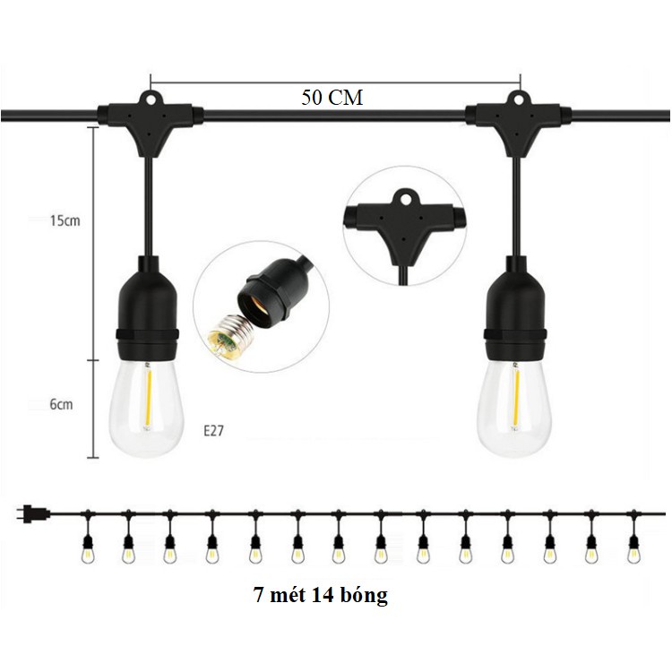 Dây đèn led búp chanh 7 mét 14 bóng 1w trang trí shop, nhà cửa sân vườn