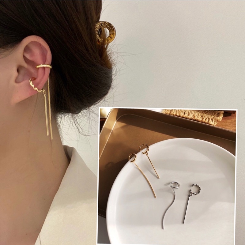 Bông Tai Dạng Kẹp Không Cân Xứng Phối Tua Rua Màu Vàng / Bạc Thời Trang Phong Cách Hàn Quốc Cho Nữ