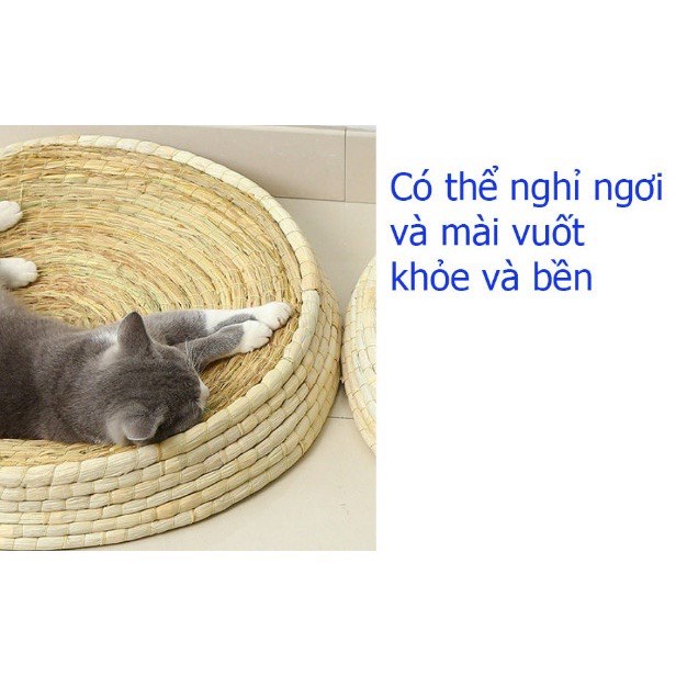 Ổ Cào Móng Dệt Rơm Hình Tròn Kiêm Ổ Nằm Cho Mèo Đa Năng Giúp Mài Mòn Móng Thư Giãn Cho Thú Cưng
