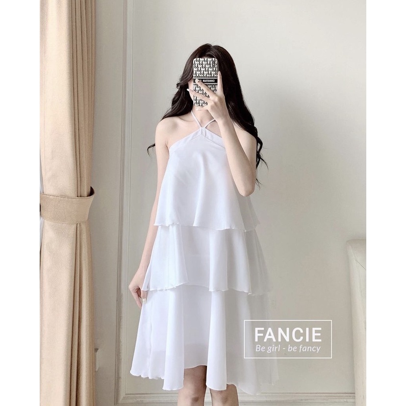 Đầm trắng cổ yếm xòe tầng chất voan lụa đầm dự tiệc sang trọng - 3 tầng voan