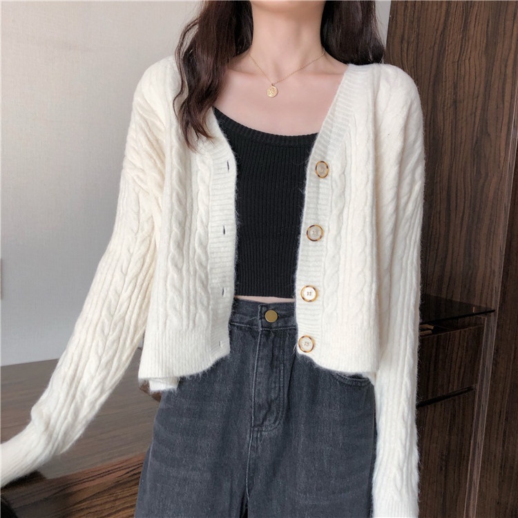 Áo khoác cardigan ZHELIHANGFEI dệt kim tay dài cổ chữ V dễ phối đồ sành điệu