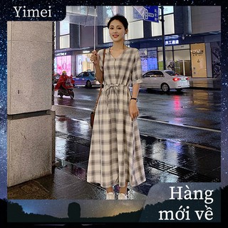 French Wind Chime Long Skirt Plaid Short Sleeve V-neck