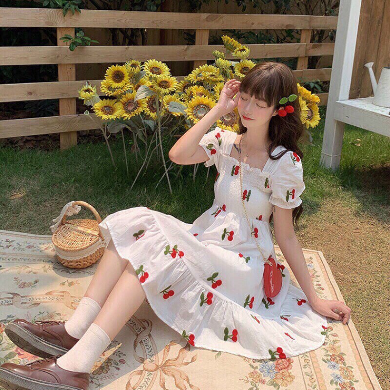 Đầm Tiểu Thư Nhún Thun hoạ tiết cherry Siêu Kute