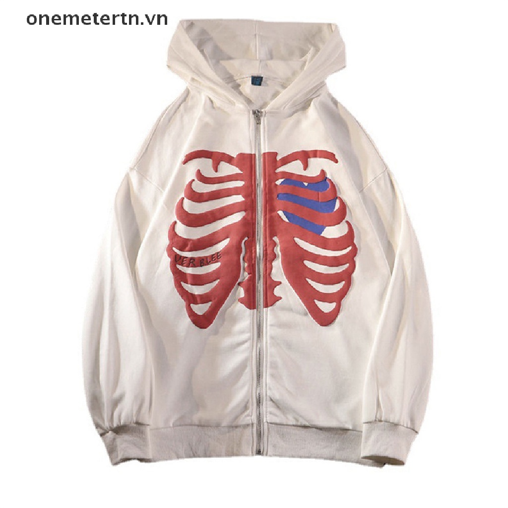 Áo khoác hoodie có khóa kéo in họa tiết bộ xương thời trang đường phố cho nam và nữ