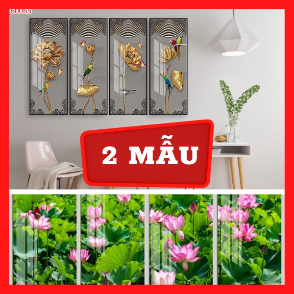 Tranh treo tường bộ 4 tấm hoa sen/3D gỗ Hàn Quốc kim sa lấp lánh