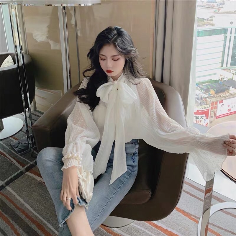 Áo sơ mi nữ cổ nơ, chấm hoạ tiết nổi⚡️ANDU STORE⚡️