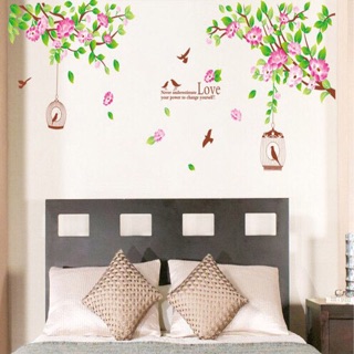 Decal dán tường Hoa đào và lồng chim