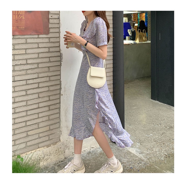 Váy hoa nhí đầm nữ maxi hoa nhí xẻ tà tiểu thư mỏng nhẹ nhàng màu tím đi biển Firstdateclothing