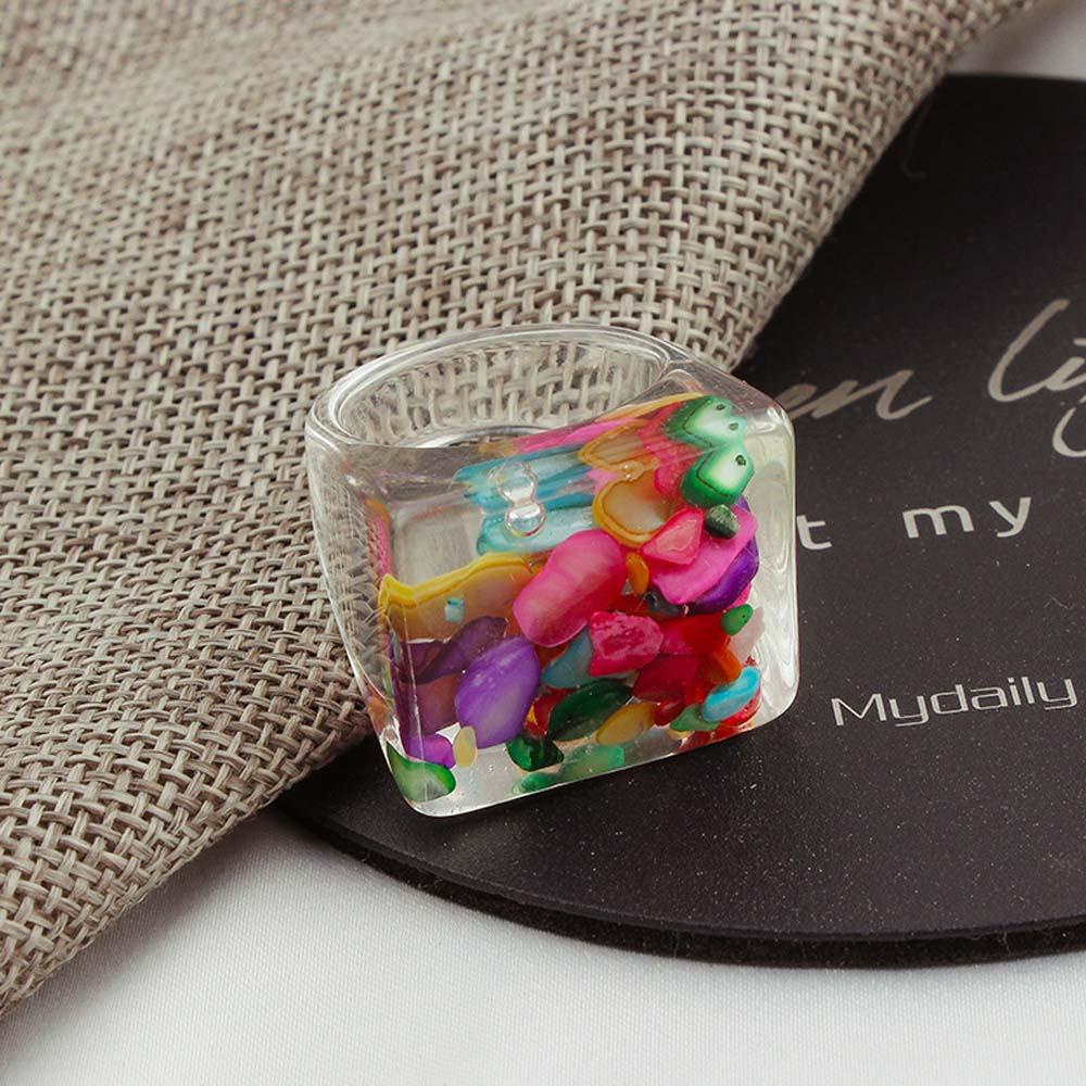 Qqmall Nhẫn Resin Trong Suốt Đính Hạt Cườm Hình Học Kích Thước Lớn|Trang Sức Thời Trang