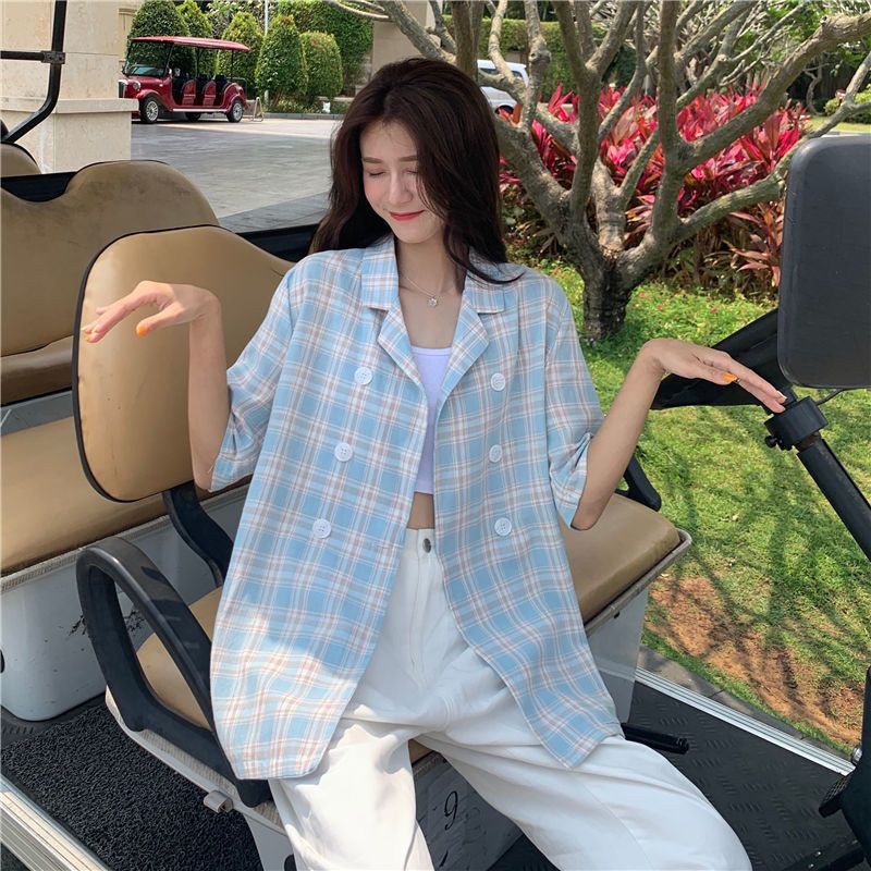 (ORDER) Áo khoác blazer Quảng Châu kẻ xanh blue nhạt mát mẻ mùa hè mẫu mới tay lỡ form dài (ảnh thật) | BigBuy360 - bigbuy360.vn