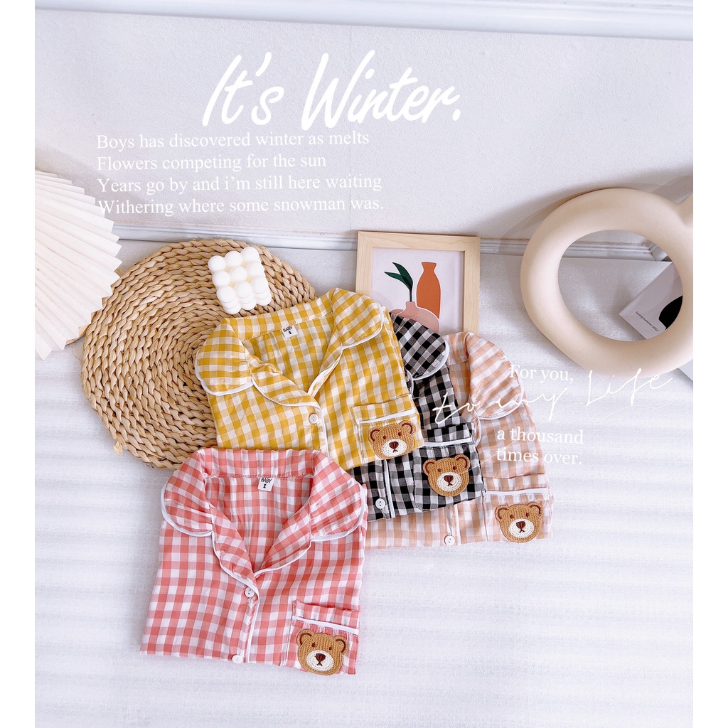 (9-30kg) Bộ quần áo pijama dày tay kẻ caro cho bé trai và bé gái HB009