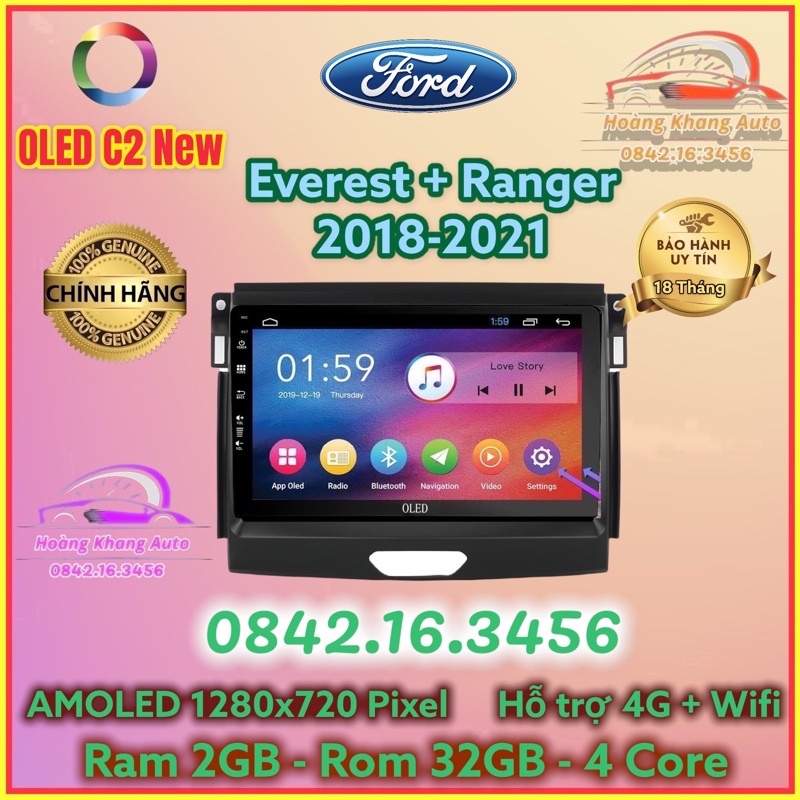 Màn hình Android OLED C2 New Theo Xe RANGER + Everest 2018 - 2021, 9 inch kèm dưỡng canbus và jack zin