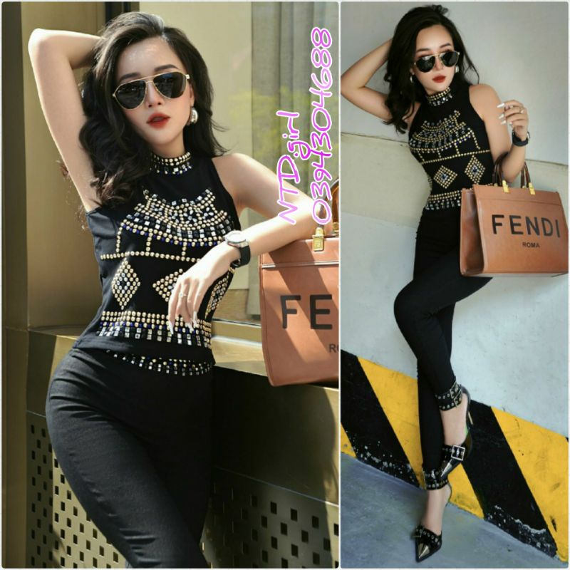 Hàng nhập - Set bộ nữ cổ trụ không tay đính đá sang trọng, sét đồ thời trang quần dài kaki lụa và áo kiểu