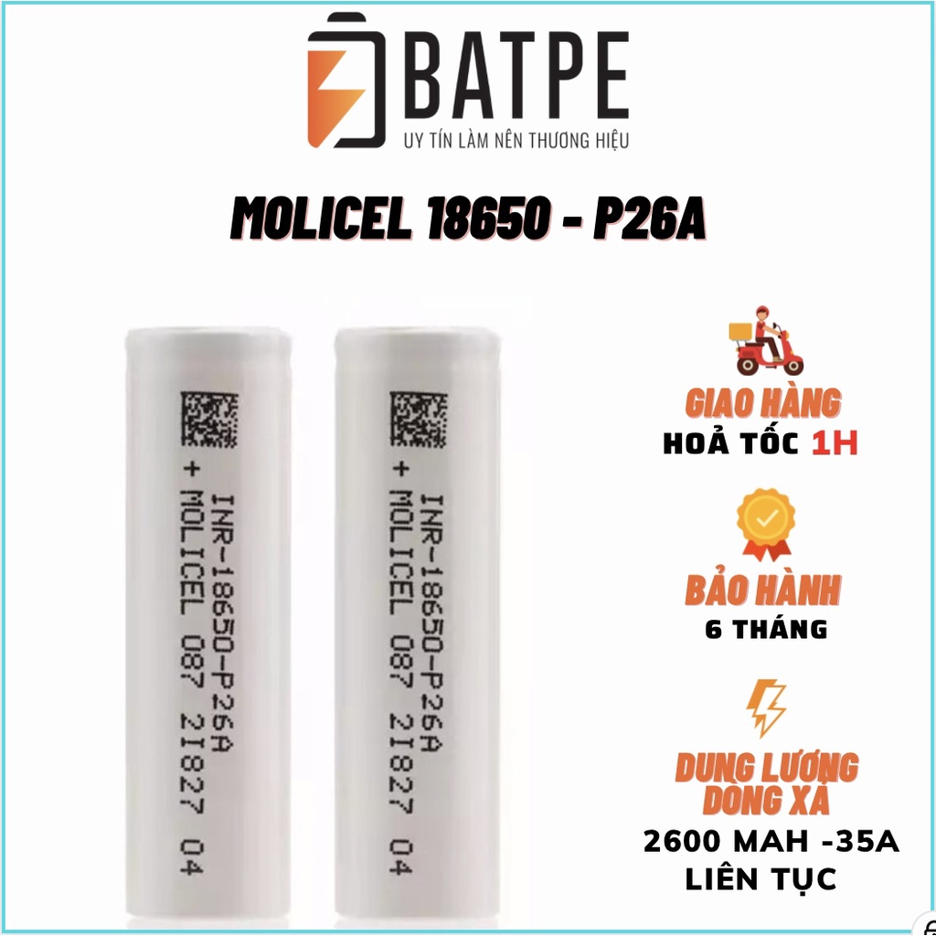 Pin xả cao MOLICEL mới 100% INR18650 P26A 35A 2600mAh xả liên tục 35A