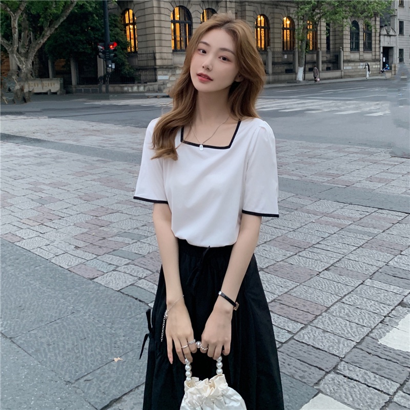 Áo Thun Tay Ngắn Cổ Vuông Màu Sắc Đơn Giản Phong Cách Hàn Quốc